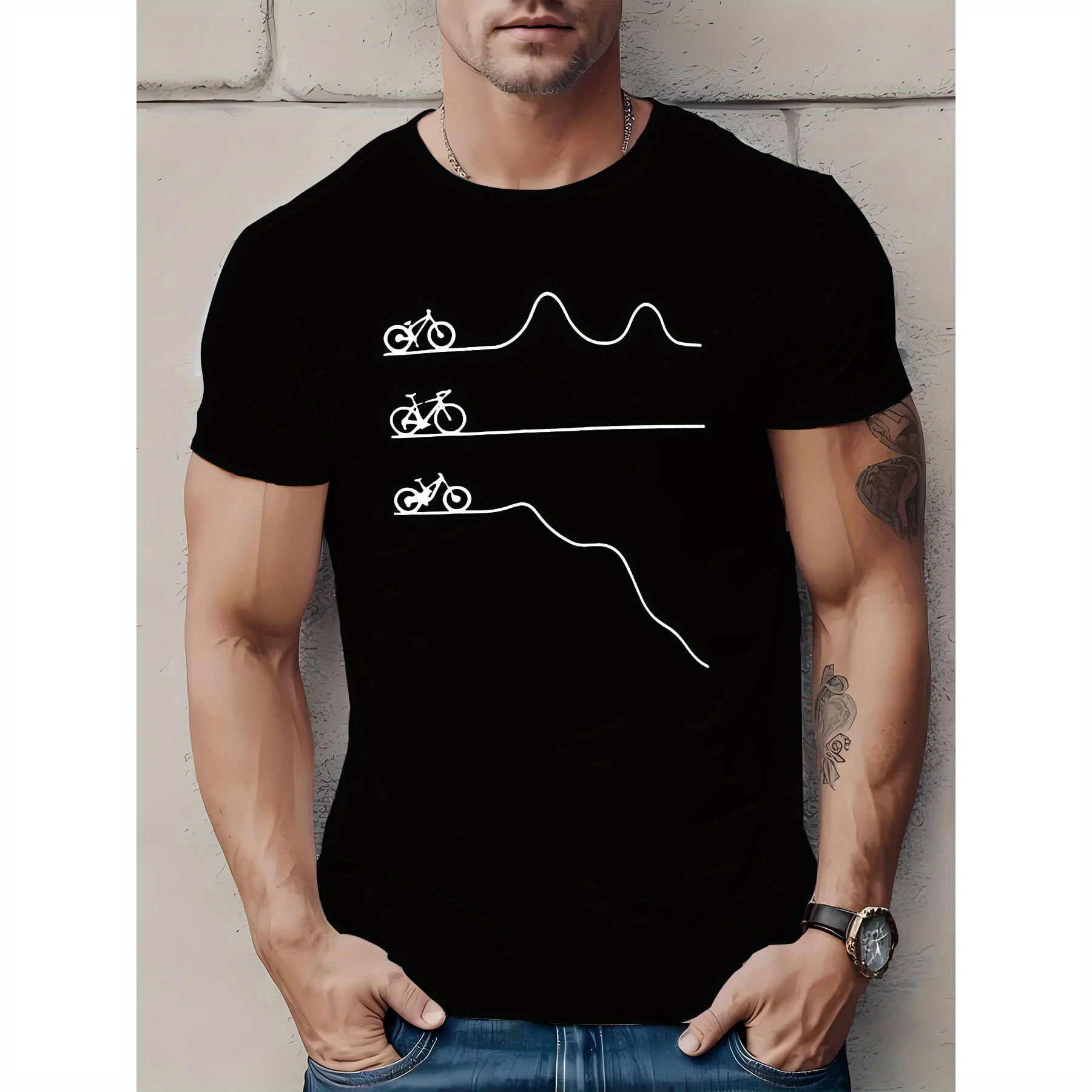

Men's Mountain Bike Printed T-shirt, Geometric Road Cycling Design, Casual Round Neck Short Sleeve Tee, Lightweight Polyester, Summer Fashion Top For Outdoor Activities