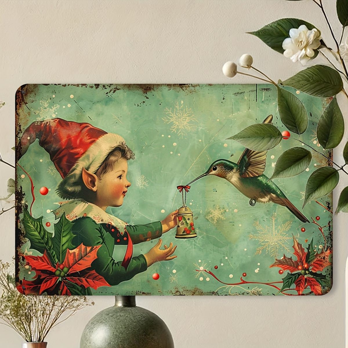 

Vintage Christmas Elf With Hummingbird Metal Tin - Holiday Wall Art For Home, Gym, Cafe, Garage And Garden Decor, Durable Iron, Easy To Hang, 12x8 Inches