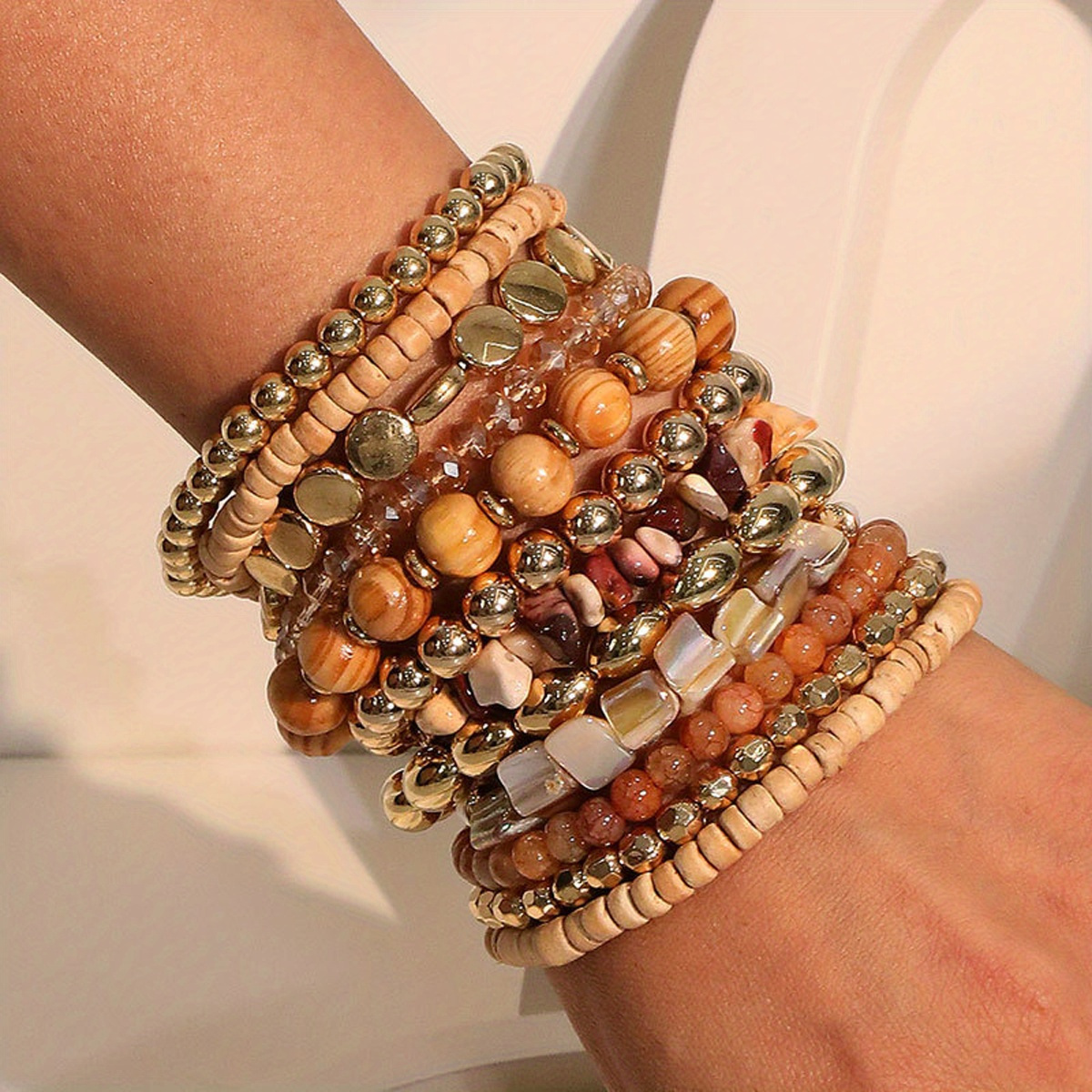 TEMU 12pcs Vintage Bohemian Style Beach Stacking Bracelet Set With Natural Stone, Wooden Beads, And Resin Beads, Ethnic Charm Bracelets Suitable For