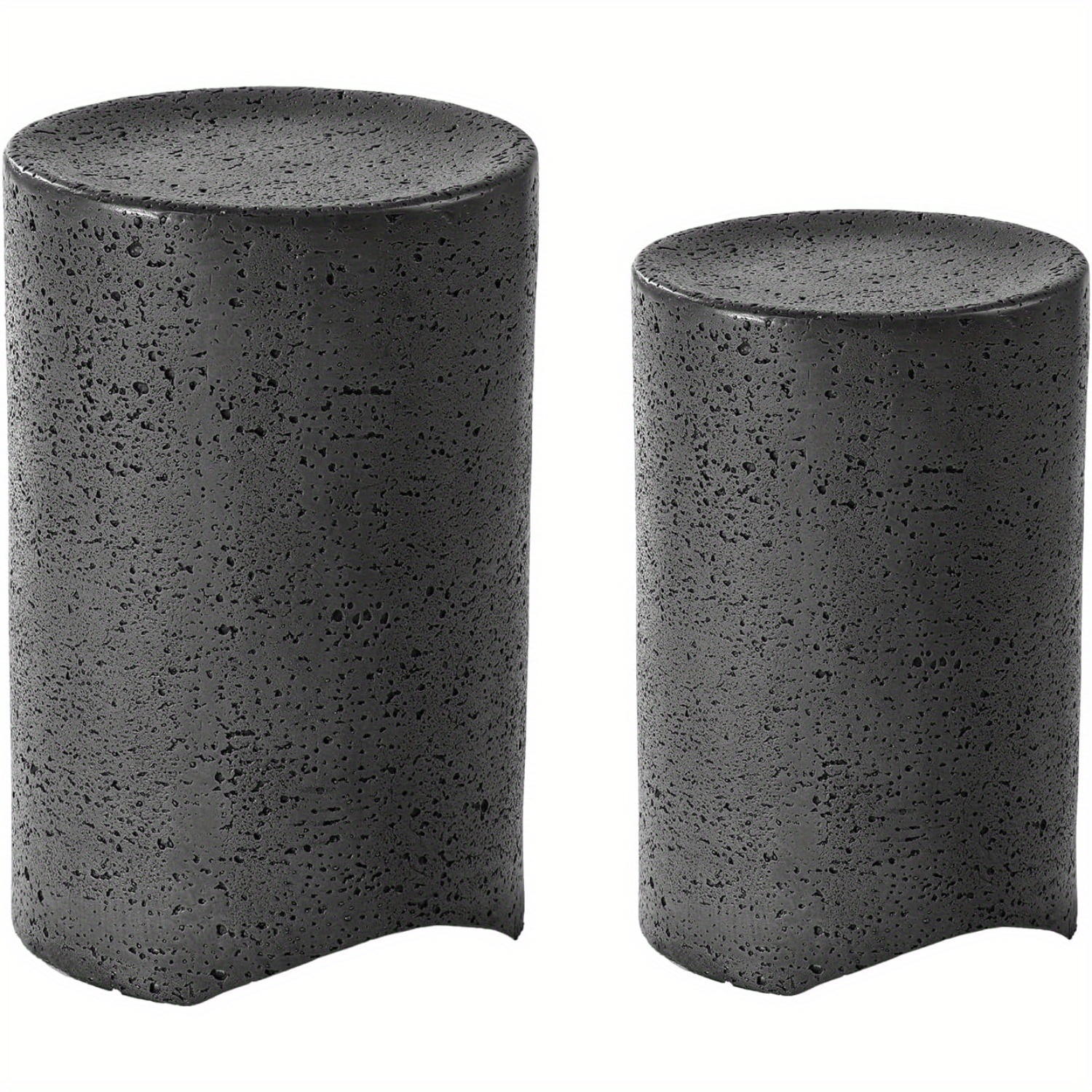 Set of Two Dark Concrete Side Tables, Perfect for Outdoor Use. These Nesting Tables Are 14 Inches in Diameter And Serve As Stylish Accent Tables for Your Patio. They Can Also Function As Garden Stools for Your Yard Or Pool Area