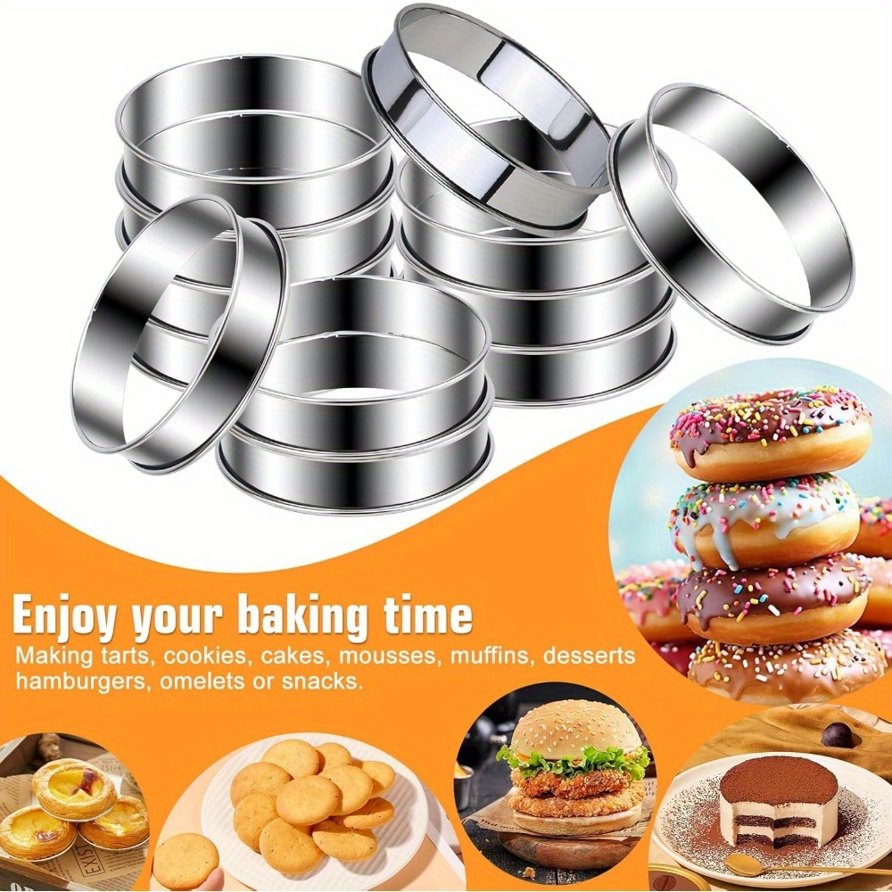 

12pcs Double Rolled Stainless Steel Crumpet Tart Rings 4 Inch For Baking, English Muffin Rings, Muffin Ring, Cooking Rings For Baking With Silicone Brush For Kitchen Baking Muffin