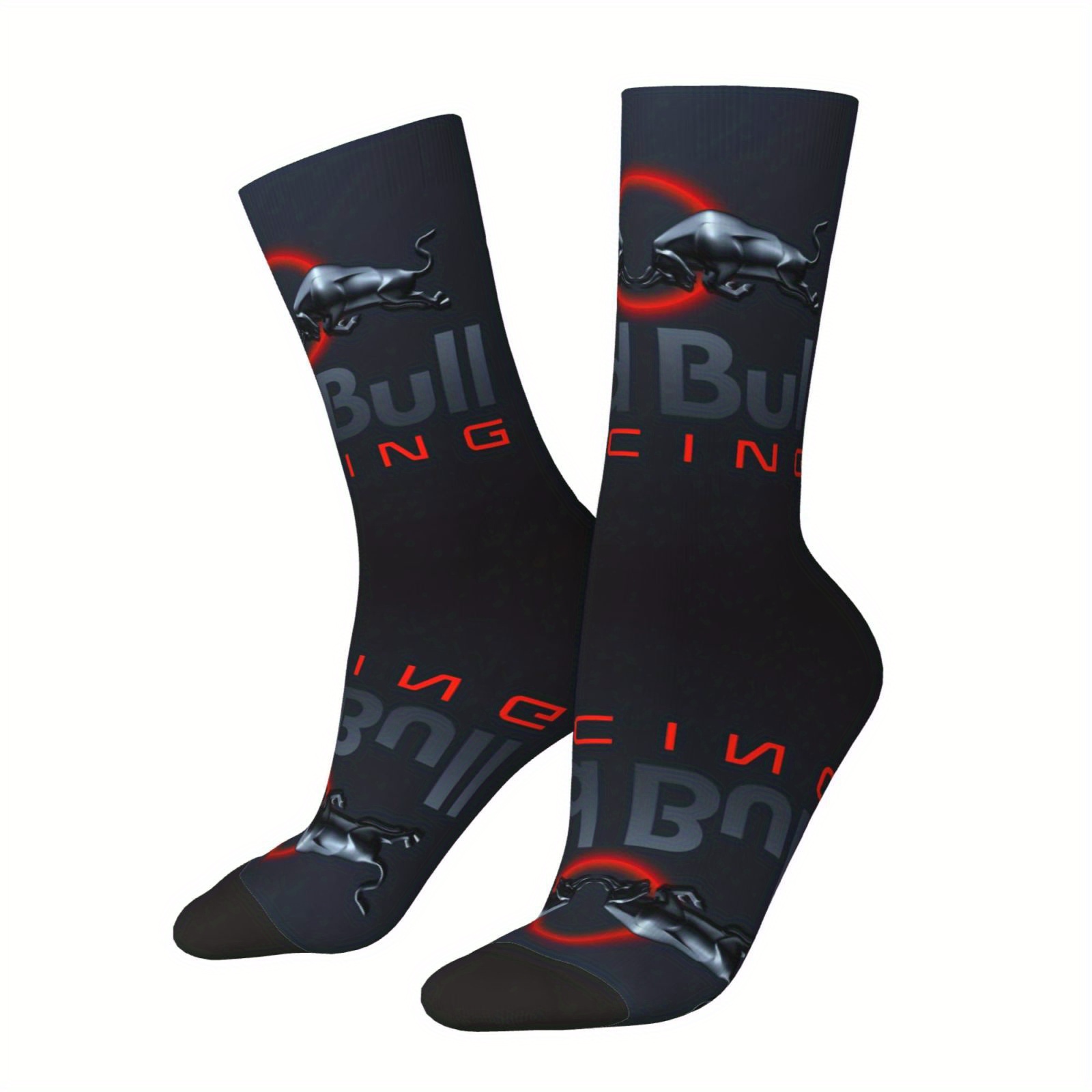 

Bull-themed Crew Socks For Men - Polyester Knit Fabric With Spandex, Hand Washable, Novelty Printed Pattern, - 1 Pair