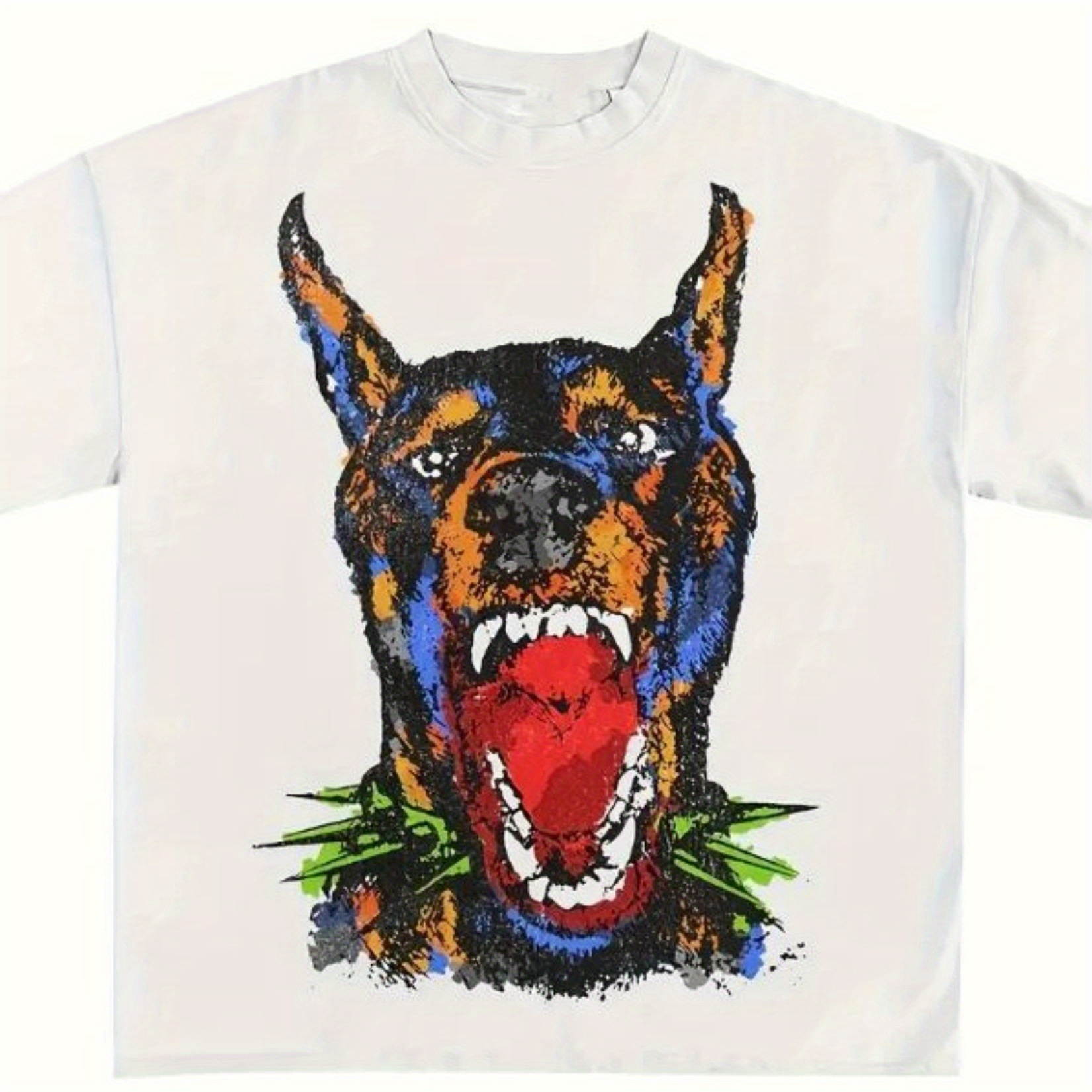 

Dog Print Round Neck T-shirt, Retro Street Style Short Sleeve