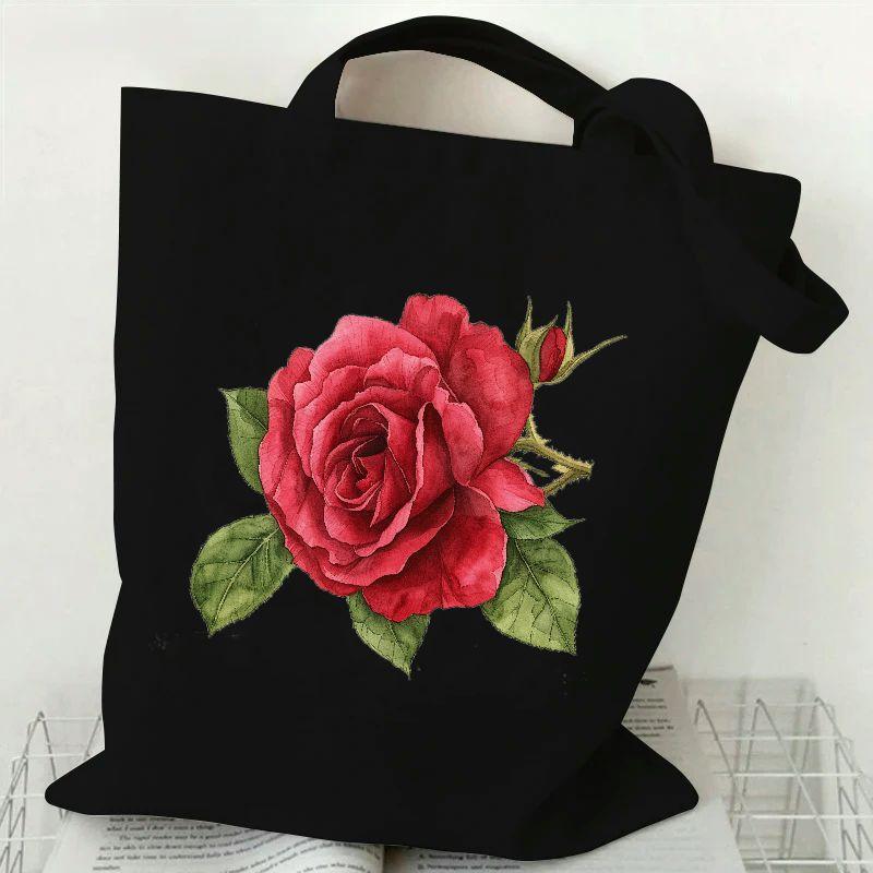 

Women's Rose Print Tote Bag With High-density Polyester Fabric, No-closure Design, Washable Material, And Wide Straps - 1pc Stylish Shopper Shoulder Bag