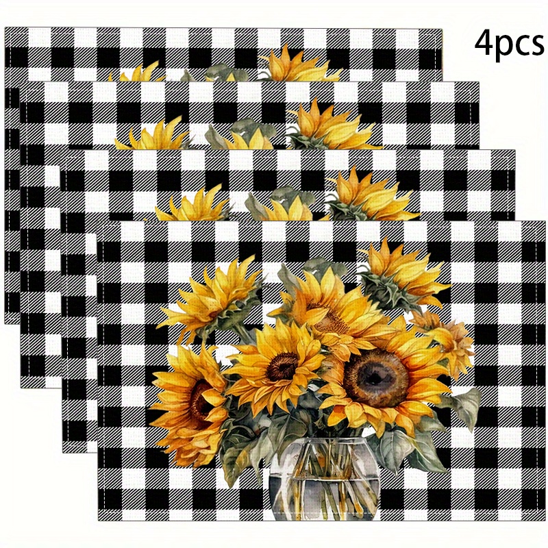 

4 Pcs Jit New Table Placemats - Modern Checkered Design With Sunflowers - Linen Material, Machine Washable