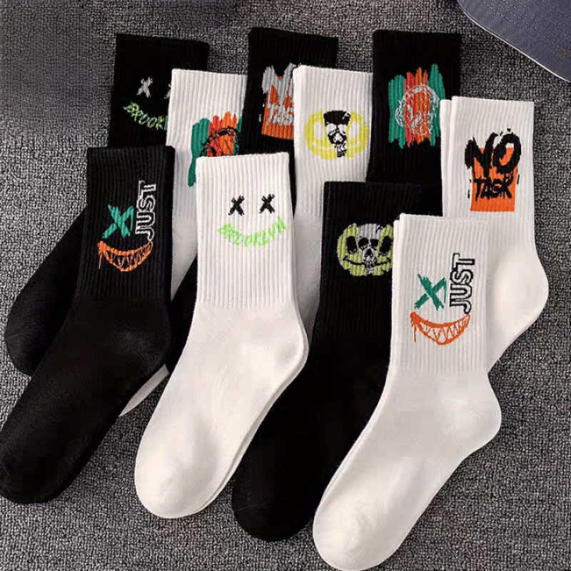 

10 Pairs Of Men's Athletic Crew Socks With , Knit Fabric, Polyester Spandex Blend, Machine Washable, Assorted Patterns