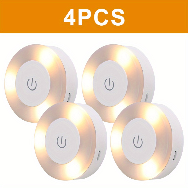 4pcs Led Touch Sensor Night Light, Under-cabinet Light, 3 Usb Rechargeable Magnetic Lights, Round Portable Dimming Night Lamp For Office