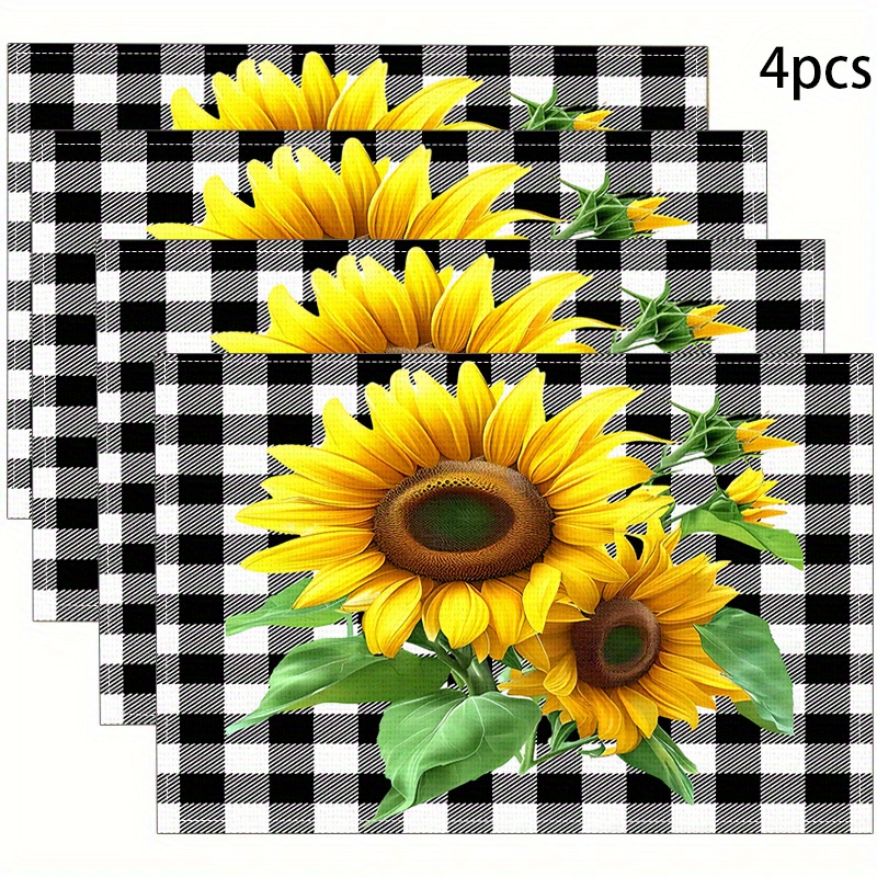 

4-pack Sunflower Placemats, Modern Linen Table Mats, Heat-resistant Dining Pad, Checkered Pattern, Square, Machine Washable, Home Kitchen Decor