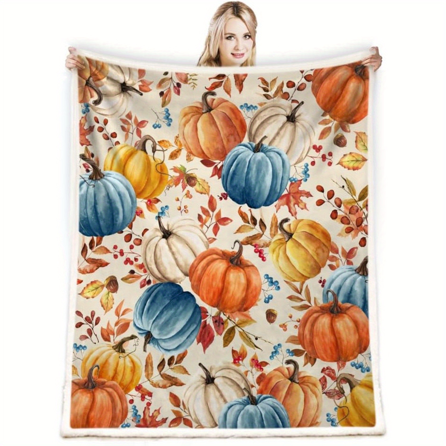 

Fall Pumpkins Throw Blanket, White Blue Pumpkins Leaves And Berries Soft Warm Fleece Blanket For Living Room Couch Bed Chair Or Dorm, 50"x60