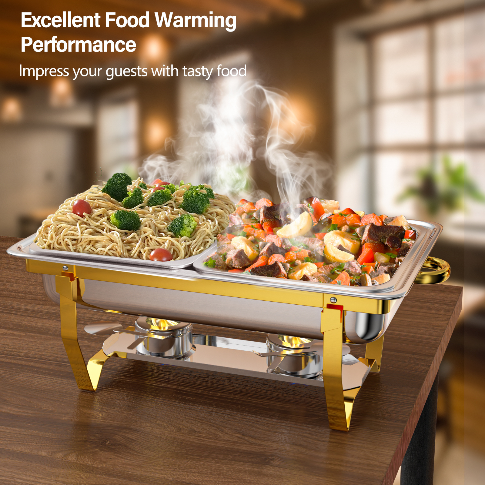 Chafing Dish Buffet Set 4 Pack: TINANA 8QT Stainless Steel Chafing Dishes 2 Compartment Buffet Chafers Buffet Warmers Sets Parties Events Wedding Camp