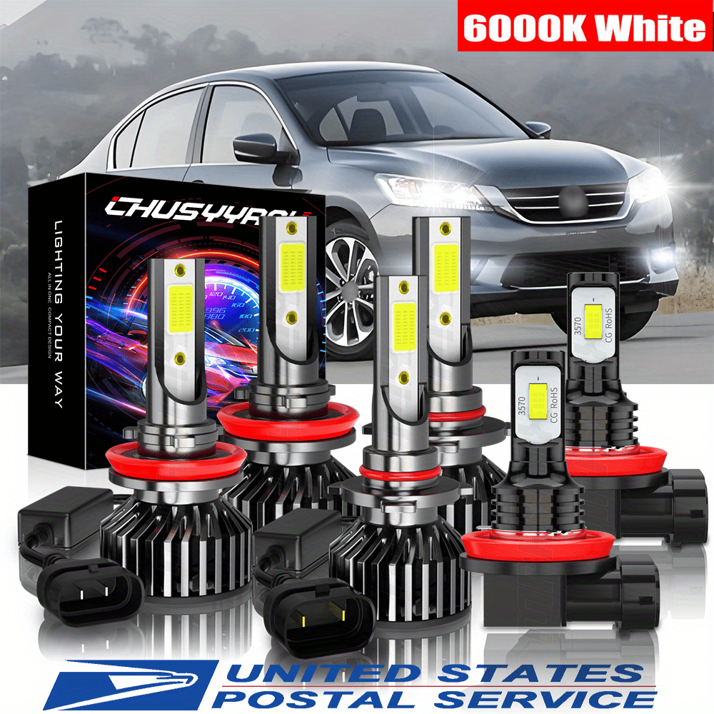 

6pcs Led Headlight+fog Light Bulbs Combo 9005 H11 Fit For Honda Accord 2008-2015 60w 6000k Cold White 26000lm Two-sided Ultra Bright Cob Chip