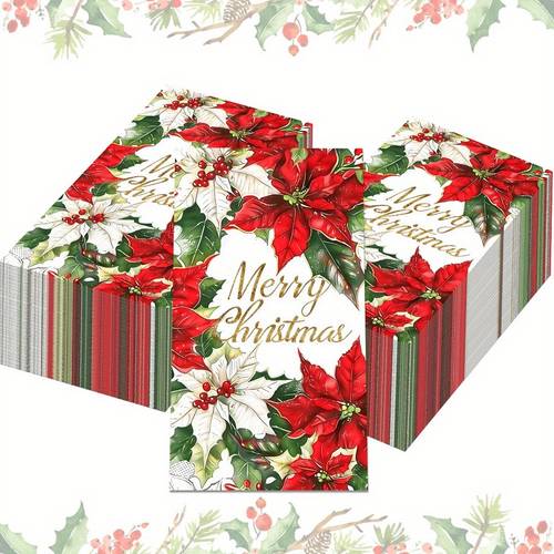 100pcs christmas poinsettia napkins disposable paper dinner napkins merry christmas holly and berry hand towels for home kitchen christmas party supplies