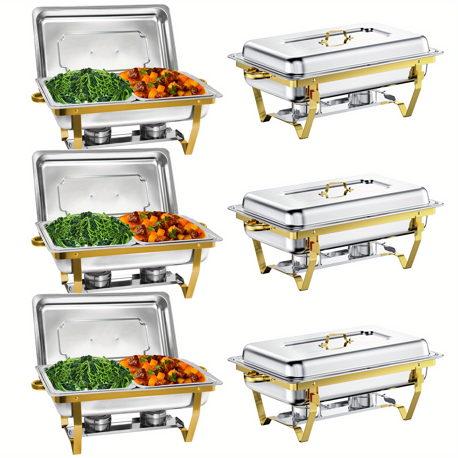 

6 Pack 8qt Chafing Dishes For Buffet, Roll Edge Stainless Steel Chafer Buffet Servers And Warmers Set With Folding Frame For Weddings, Parties, Banquets, And Catering Eventst