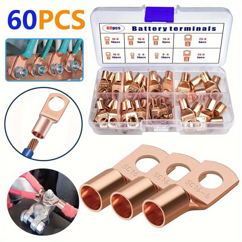 

60pcs Automotive Copper Battery Cable Lugs Set, 10 Sizes Ring Terminal Connectors, Sc Terminals, Grommets For Superior Electrical Conductivity And Durability, Car Audio System Installation Accessories