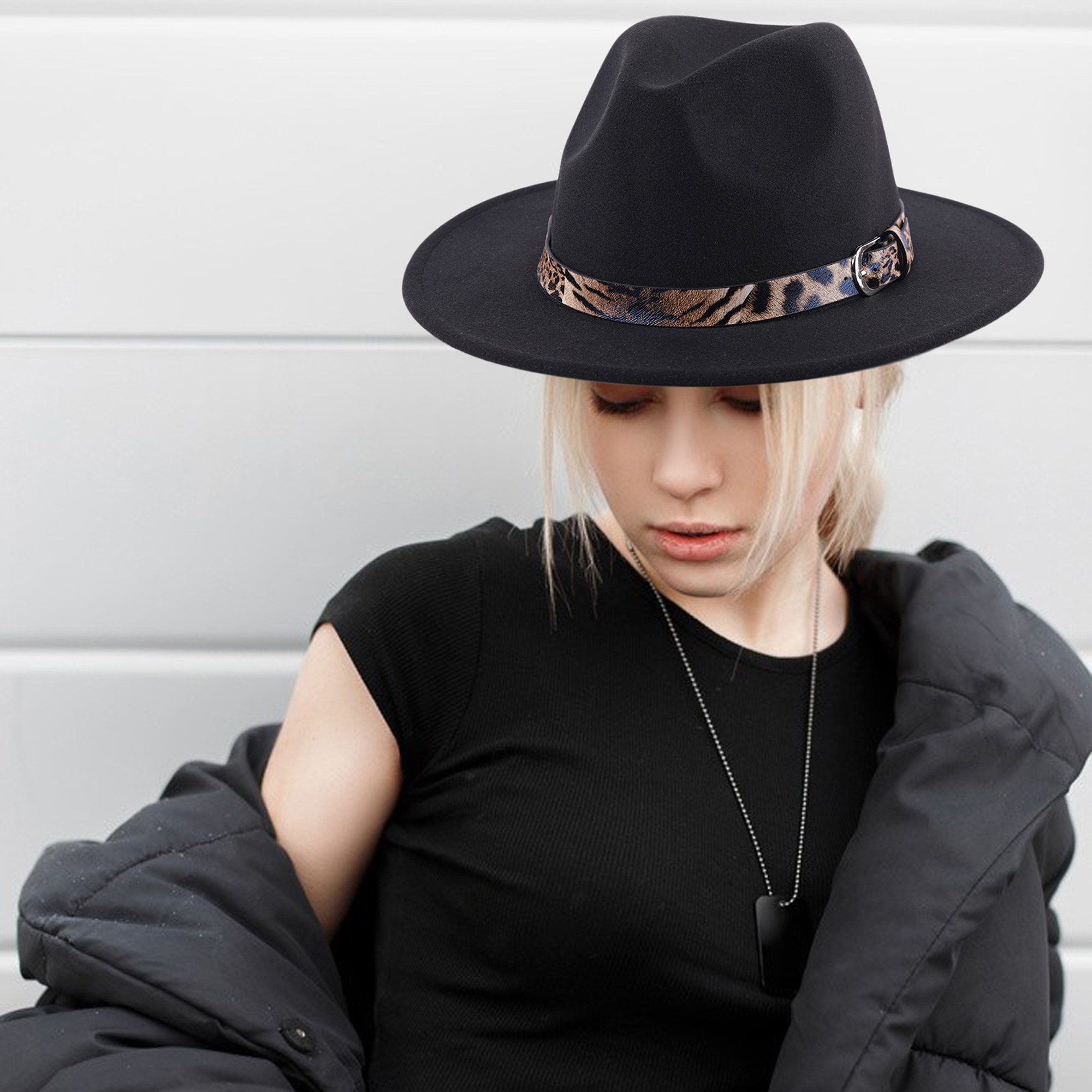 BRIM FASHION HAT W/ lEOPARD STRAP ACCENT FELT FASHION BRIM HAT W/ LEOPARD ACCENT – Riah Fashion main image 4