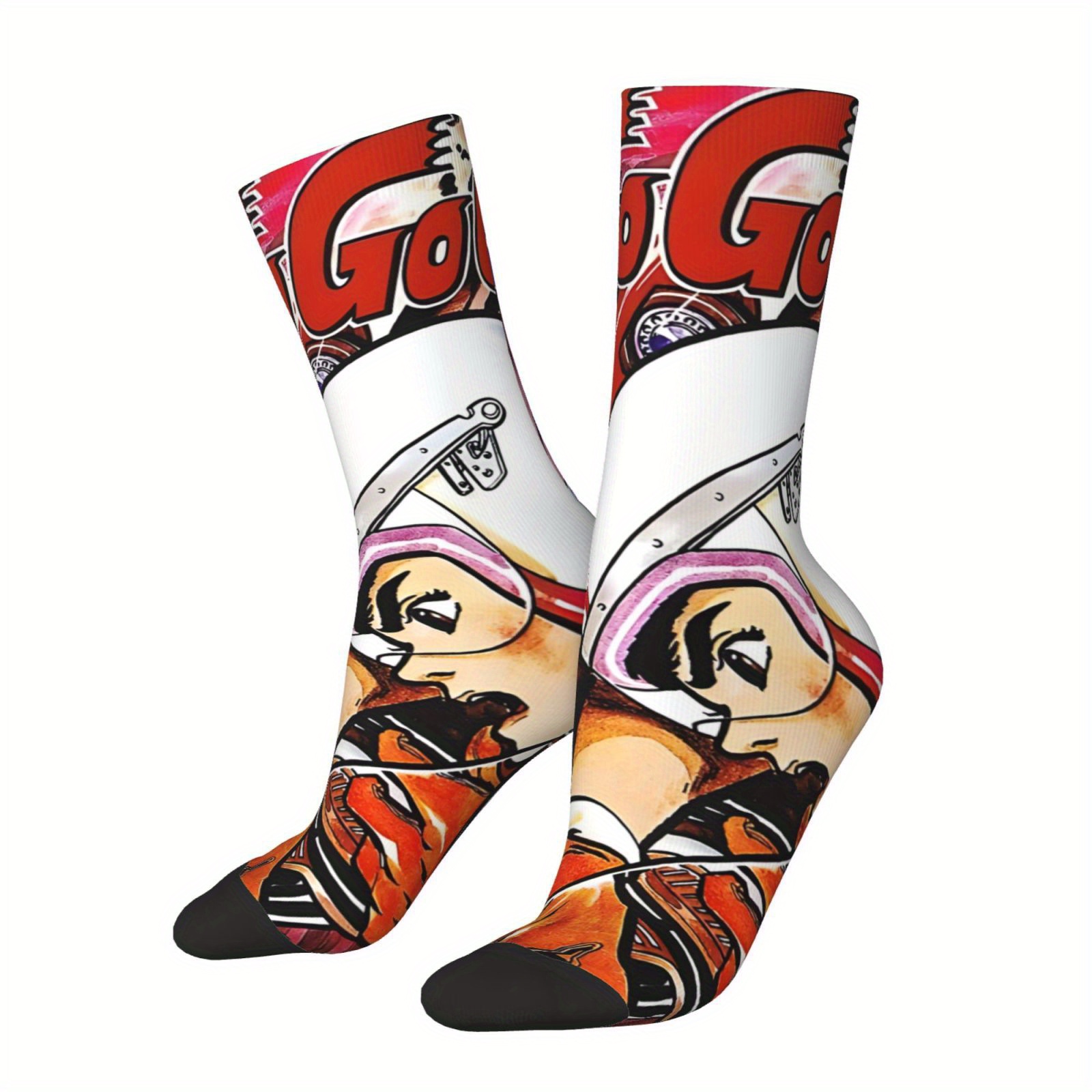 

1 Pair Racer Socks For Men And Women, Polyester And Spandex Blend, Cartoon Pattern, Seamless Knit Fabric, Novelty Crew Socks