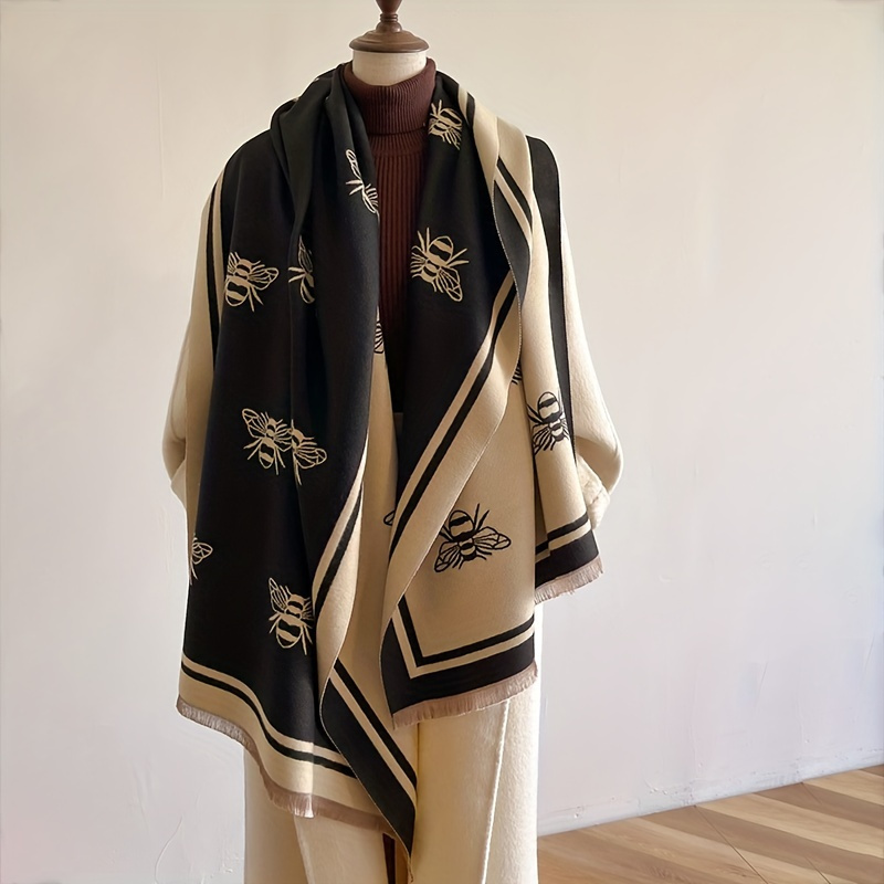 

1pc Double-sided Bee Jacquard Scarf Cashmere Warm Tassel Shawl Fall And Winter Cold-proof Non-elastic Scarf