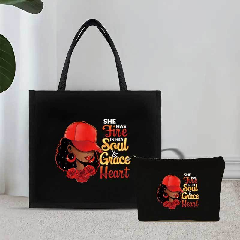 

2-piece -inspired Canvas Tote Bag Set With Makeup Pouch - Black, Fire In Her Soul & Grace , Polyester Lined, Shopping & Travel Bags