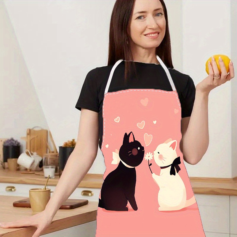 

Black & White Cat Print Kitchen Apron, Unisex, Durable, Washable, Reusable, Sleeveless Cooking Apron For Home, Restaurant Workwear, Polyester Weaving, Essential Home Cleaning Tool For Kitchen & Dining