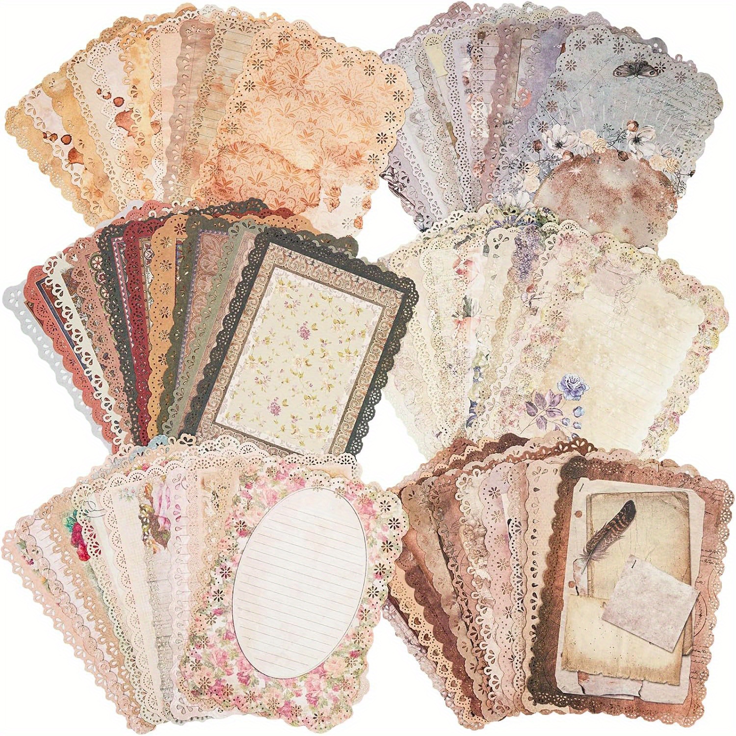 Image of 60 Sheets Lace Stationery Paper Assorted Set | 6 Pack Vintage Paper For Letter Writing, Scrapbooking, Embellishments, Planner, Journal, Junk Journal Supplies, Collage Background - Paper Material