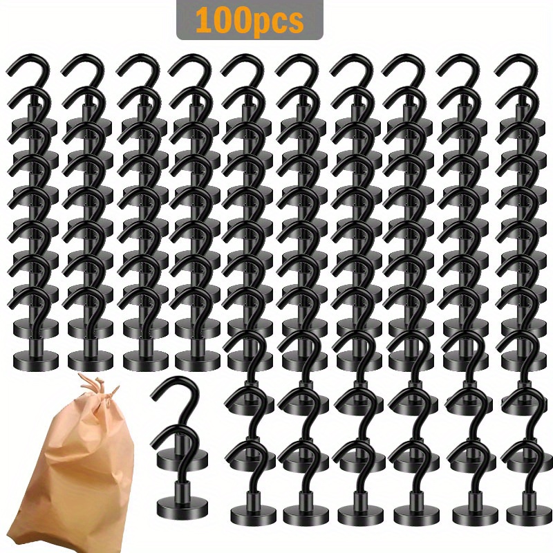 

100pcs Heavy-duty 28lb Black Magnetic Hooks Set With Storage Bag - , Locking Design For Cruise, Fridge - Ideal For Home, Kitchen, Nautical, Garage, Outdoor Bbq, Office, Whiteboard & Industrial Use