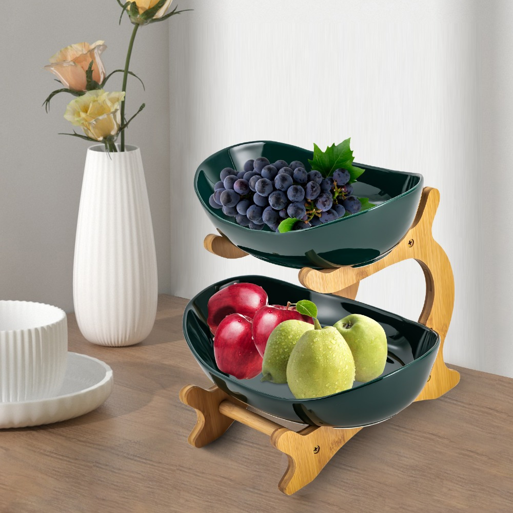 tier polished ceramic fruit bowl wooden stand double layer Temu - Main Image