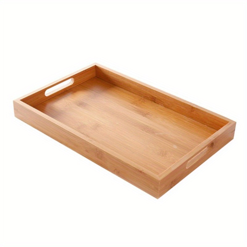 TEMU Elegant Bamboo Serving Tray With Handles - Durable Organizer For Cutlery, Spoons, Teapot & Teacup Storage - Kitchen & Dining Decor