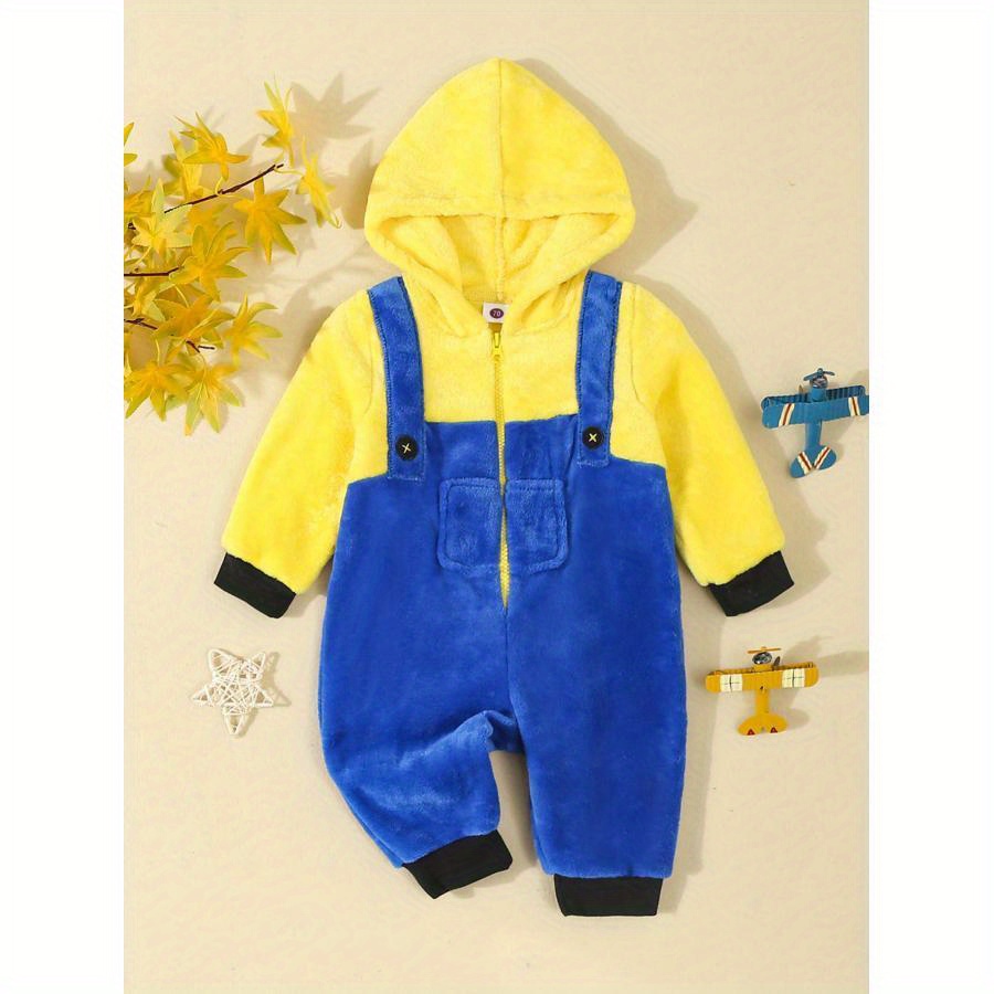 

Kid Boy Fleece Jumpsuit Fake Two-piece Long Sleeve Full Length Zipper Romper With Hood For