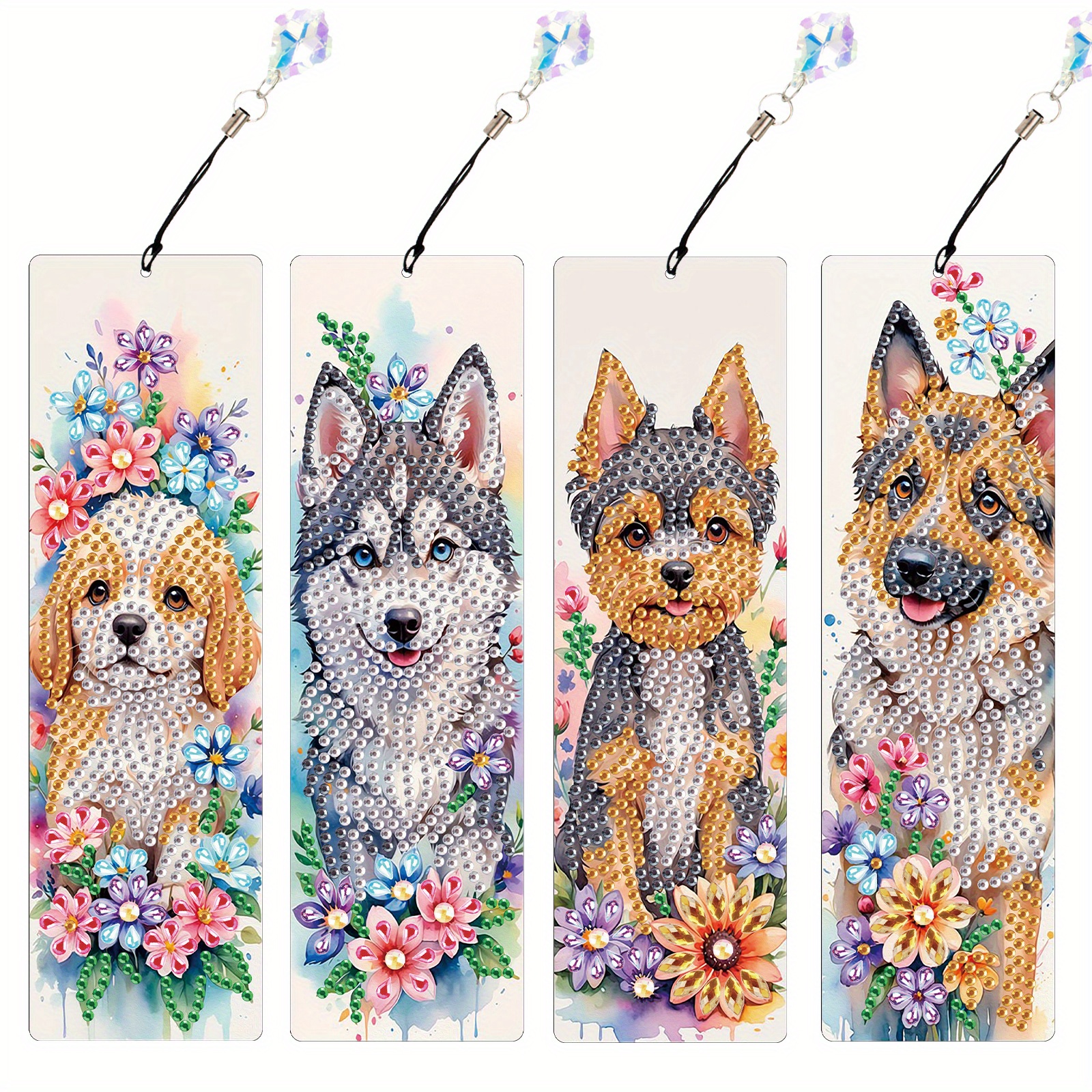 

4-pack 5d Floral Rhinestone Bookmarks, Animal Dog Art, Diy Diamond Painting Kit With Tassels, Craft Supplies, Irregular Shape, Pet Material, For Adults