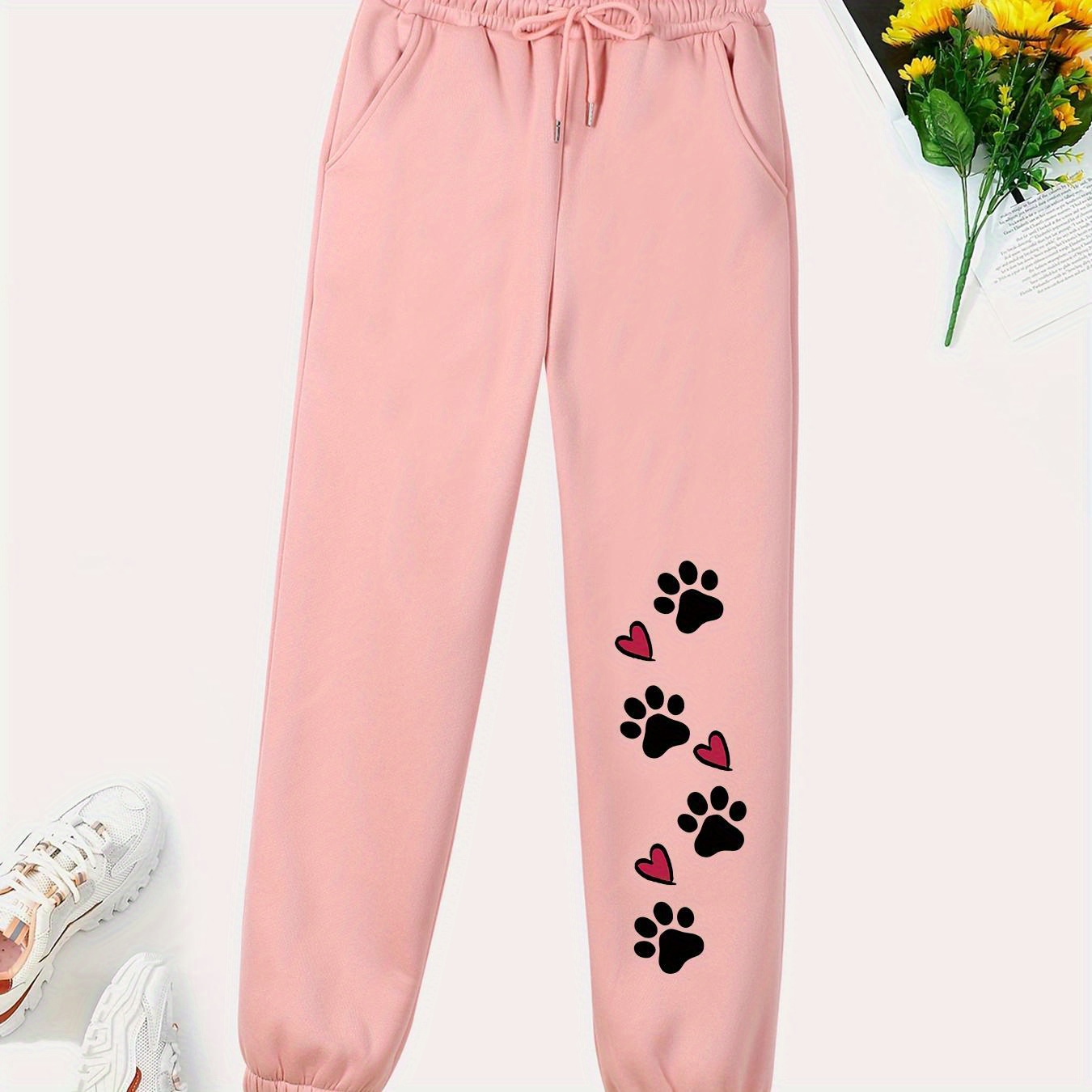 

Women's Casual Sweatpants With Drawstring Waist, Stretch Cute Paw Print Comfort Joggers, Fashionable Athletic Pants For Everyday Wear