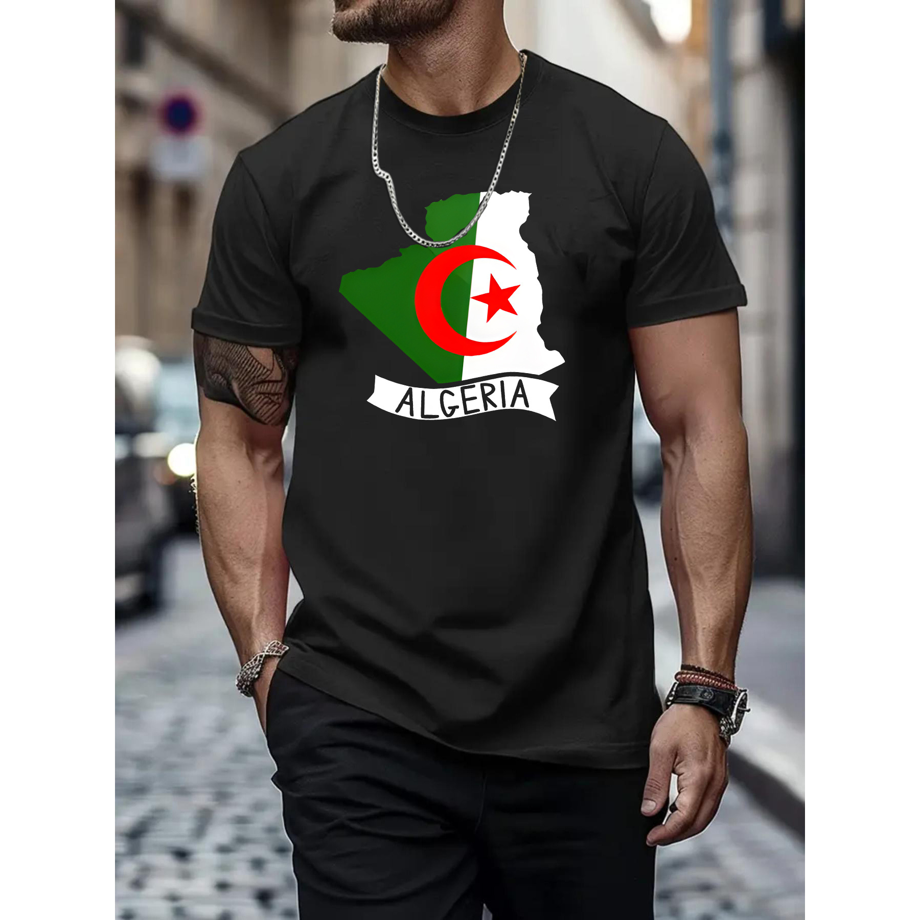 

T-shirt imprimé à géométriques algériens pour hommes - 100 % polyester, col rond, décontracté, manches courtes, légèrement extensible, tissu tricoté pour l'été - Coupe standard, haut pour tous et