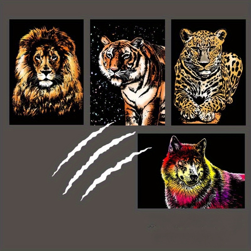 

A Set Of 4 Animal Scratch-off Papers, Colorful Animal Scratch-off Paintings, Handmade Creative Diy Paintings Suitable For Birthdays, Halloween, Christmas Gifts | Painting Supplies, Wooden Scratch Pens