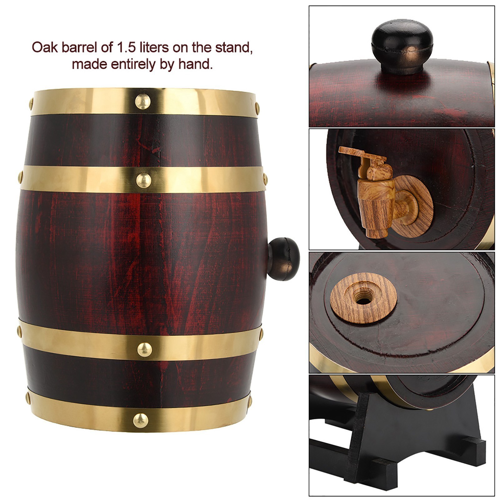 Rustic Pine Wood Wine Barrel with Leak-Proof Spigot - Red Oak Finish, Golden Metal Accents, Vintage Home Bar Decor for Whiskey, Beer, Brandy & Tequila, Step-by-Step Pouring Guide Included