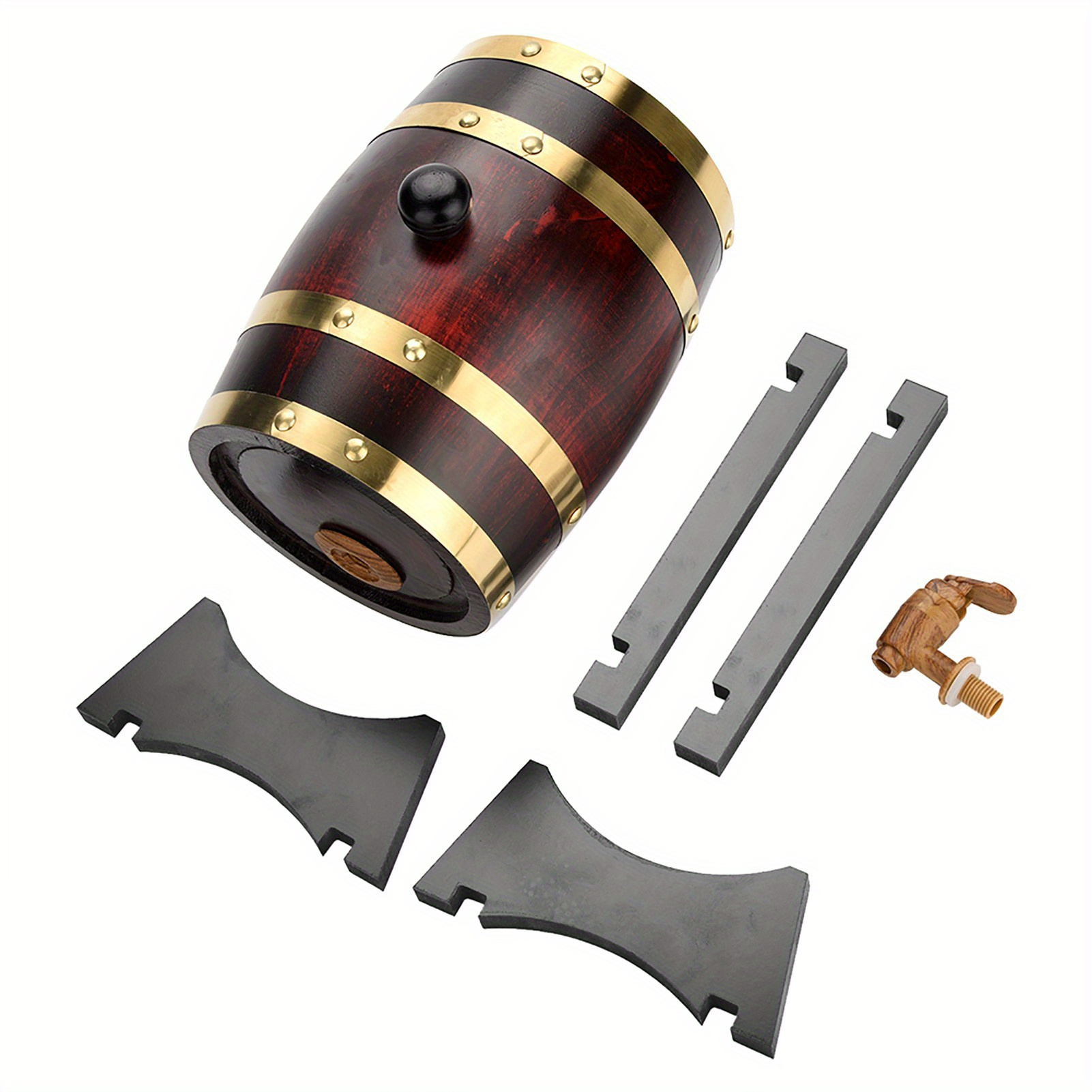 Rustic Pine Wood Wine Barrel with Leak-Proof Spigot - Red Oak Finish, Golden Metal Accents, Vintage Home Bar Decor for Whiskey, Beer, Brandy & Tequila, Step-by-Step Pouring Guide Included