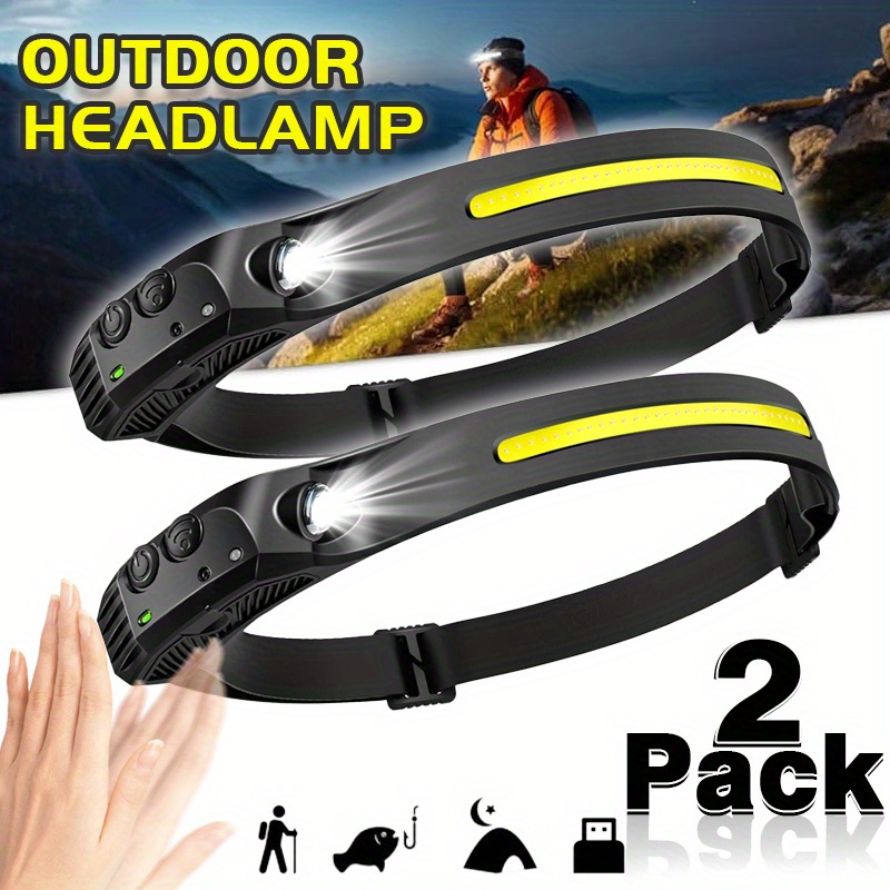 2pcs   led headlamps with motion sensor usb rechargeable portable cob floodlight for hiking camping emergency repairs durable plastic work light with adjustable strap camping accessories