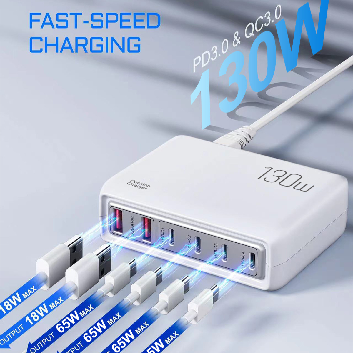 

130w Fast Charger - Station With 2 Usb Qc 3.0 & 4 Type-c For Smartphones, Laptops, Watches & More