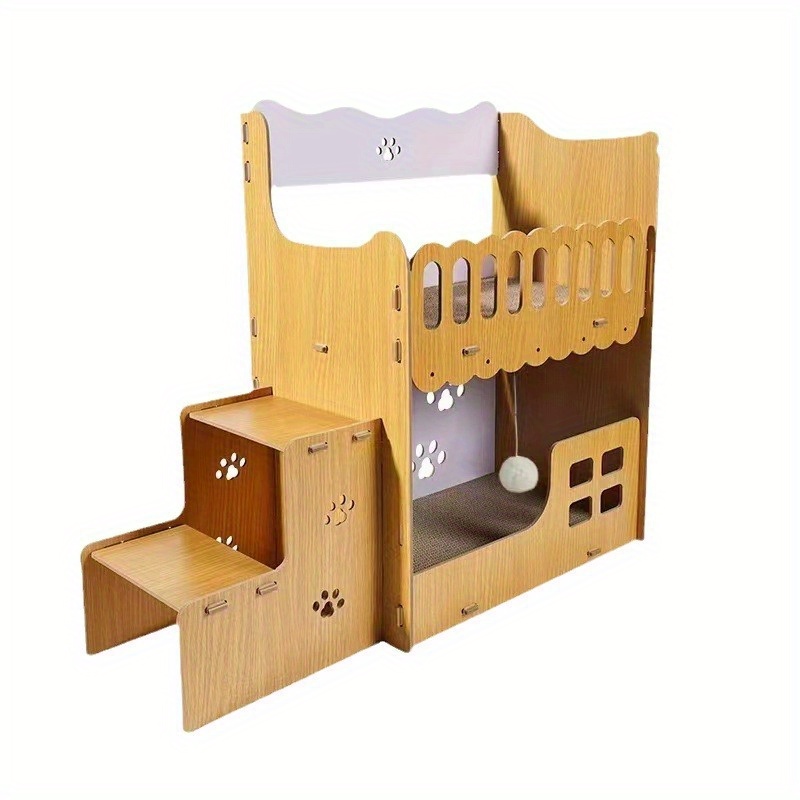 

Space-saving Double Layer Cat Bed With Replaceable Scratching Board - Corrugated Cardboard & Wooden Nest For Cats