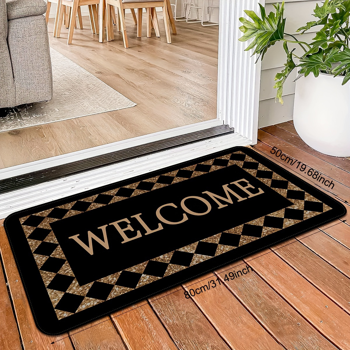 

1pc Paillasson Chic "BENVENUE" - Carreaux Noirs & Dorés, Antidérapant & aux Taches, 31.49" x 19.68" Tapis de Jet en Polyester pour Entrée, Buanderie - Cadeau Idéal pour le à & Décoration de Printemps