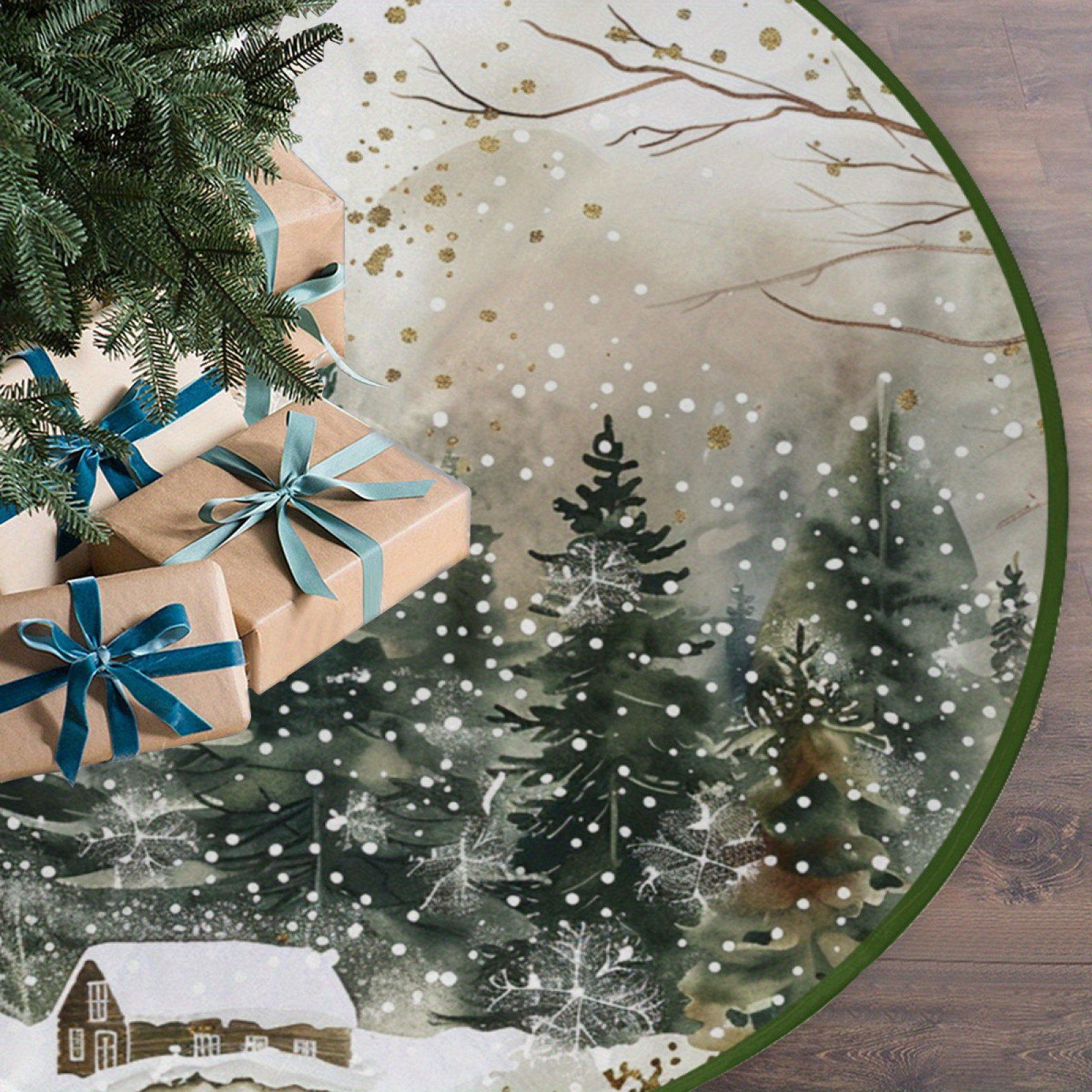 

Christmas Tree Skirt Polyester With Green Watercolor Forest & Cottage Design - Santa Claus Merry Christmas Embossed - Snowflake Tree Decor For Holiday Season - 1pc