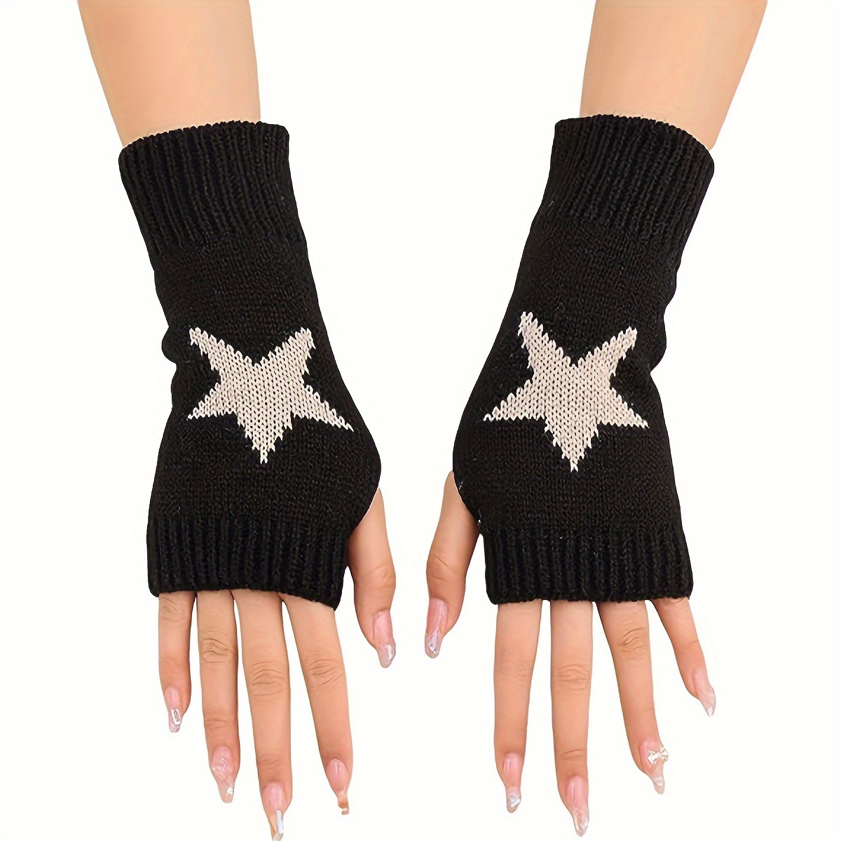 

Women's Knitted Fingerless Gloves - Warm Acrylic, Touch Screen Compatible, Elastic Half-finger Gloves With Geometric Star Design For Casual Weekend Wear