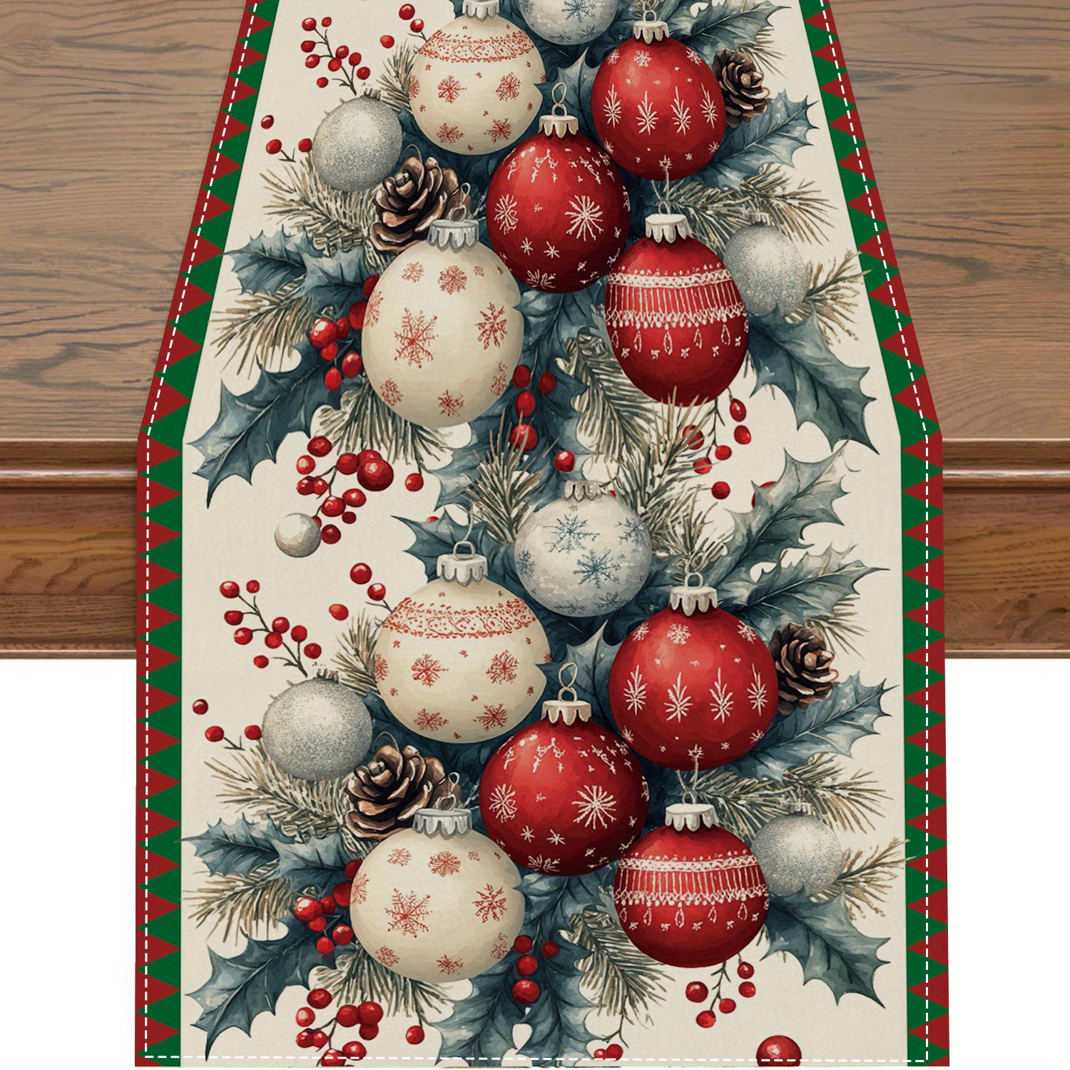 

1pc Festive Polyester Christmas Table Runner - Machine Made Decor With Festive Ornament And Pine Cone Design For Home Decoration And Gift