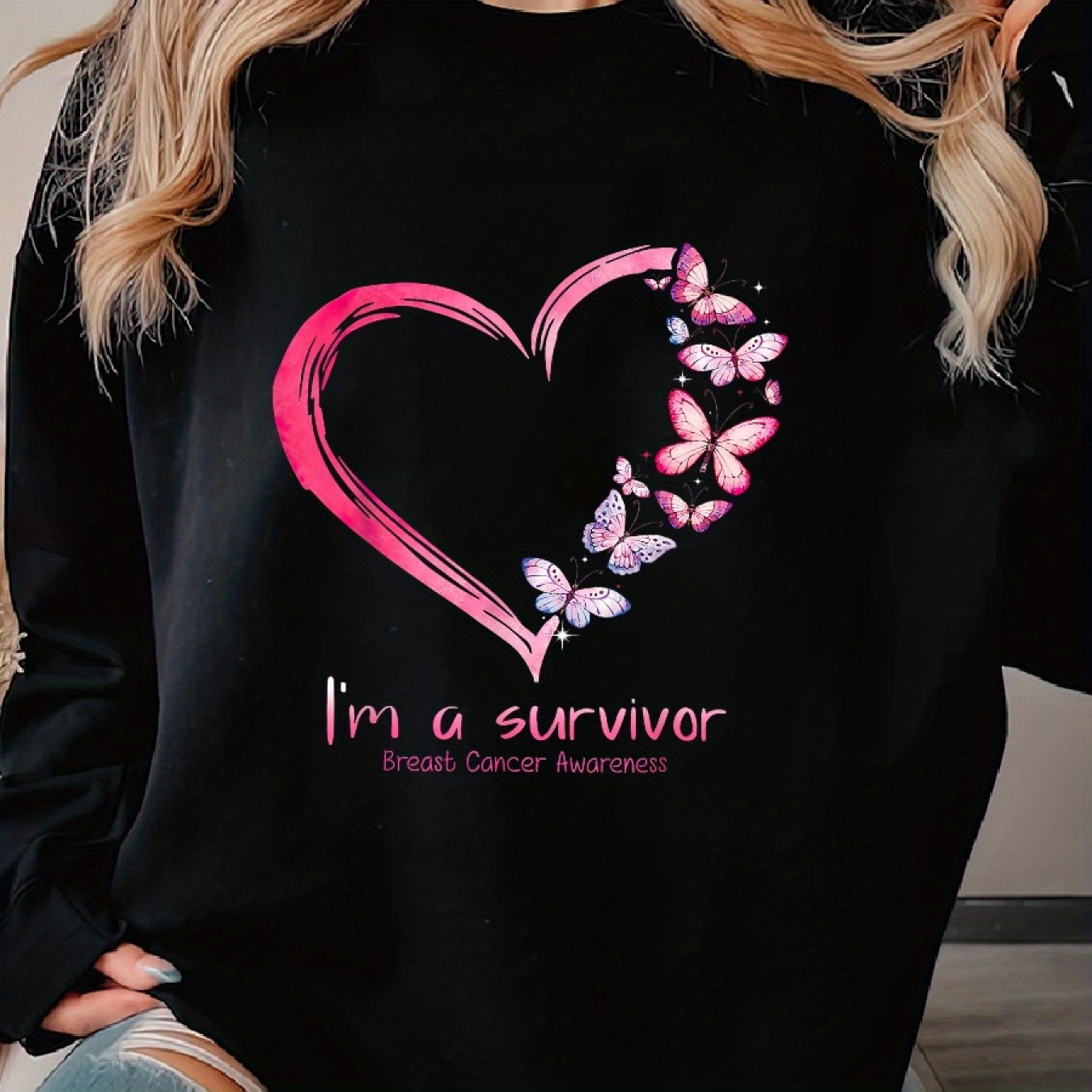 

Pink I_m A Survivor Breast Awareness Love Woman's Cozy Pullover Sweater, Casual Long Sleeve Crew Neck Sweater