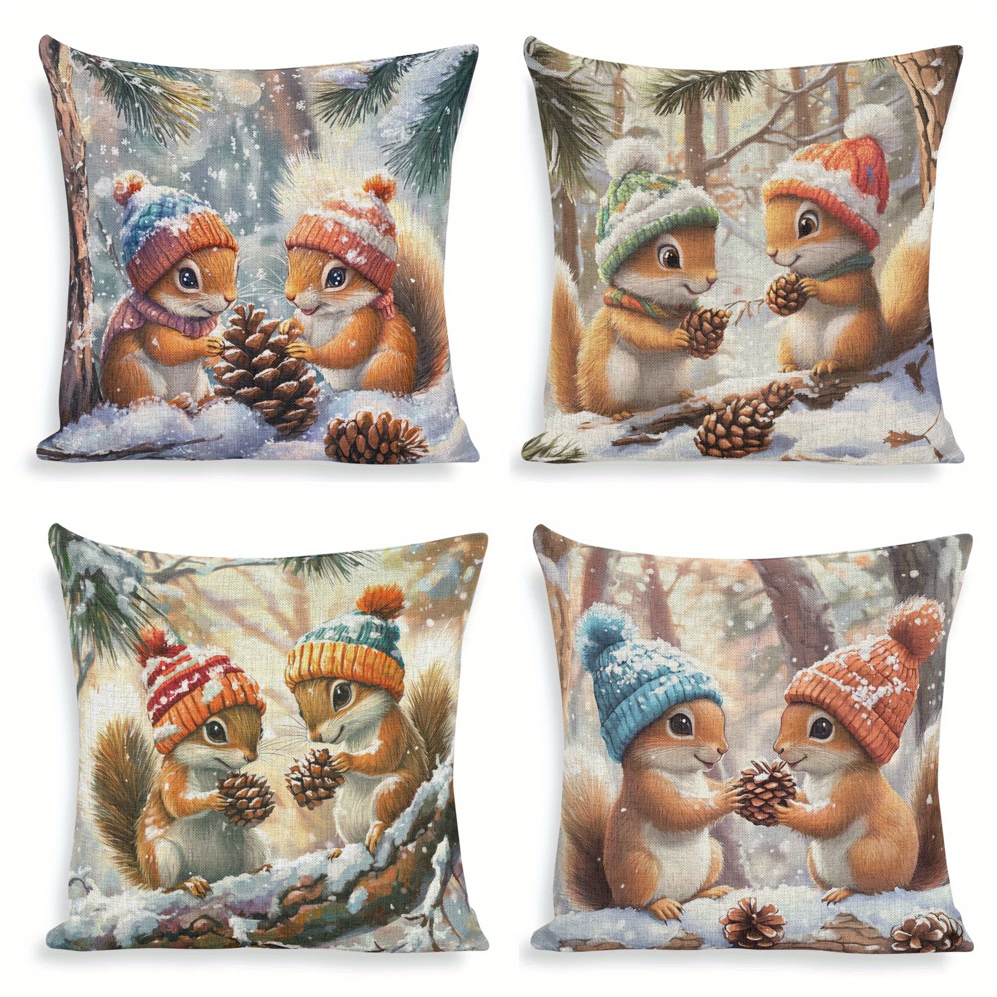 

4-piece Winter Squirrel Throw Pillow Covers 18x18, Pinecone Pine Branch Snowflake Design, Zipper Closure, Hand Washable, 100% Polyester, Contemporary Style For Sofa, Bed, Chair, Home Decor