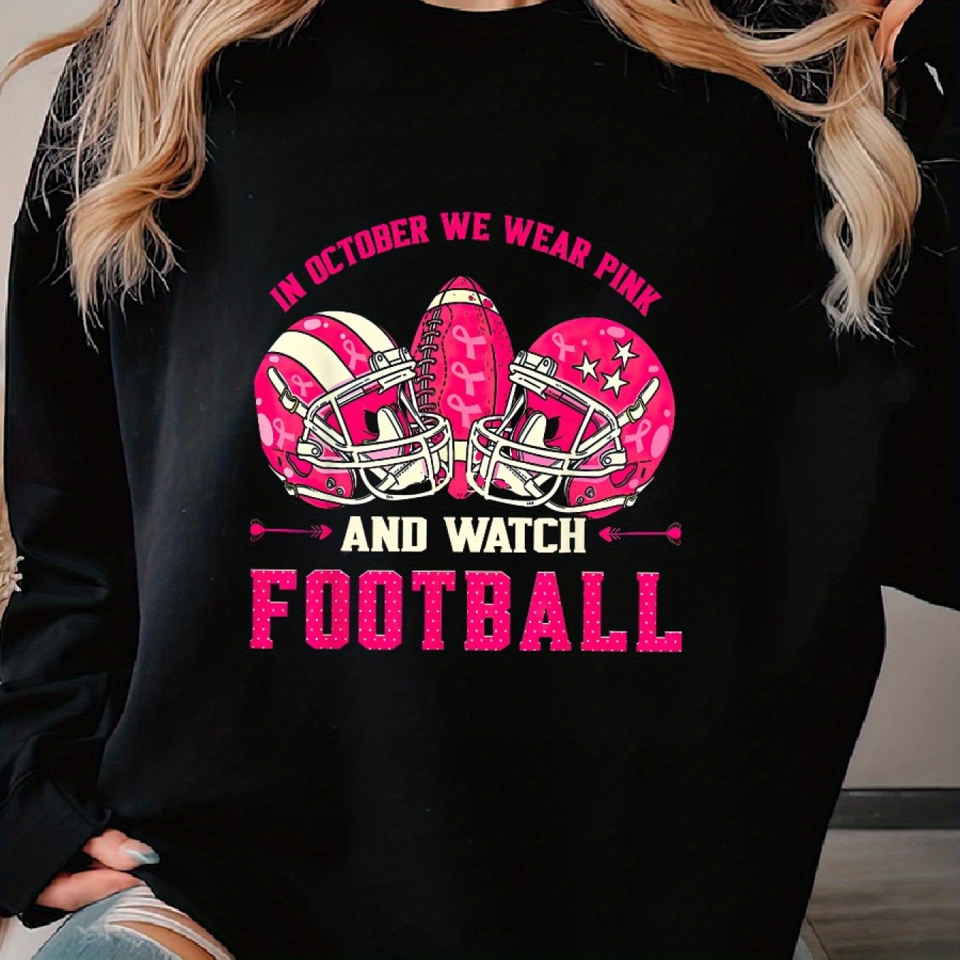 

In And Watch Football Breast Woman's Cozy Pullover Sweater, Casual Long Sleeve Crew Neck Sweater