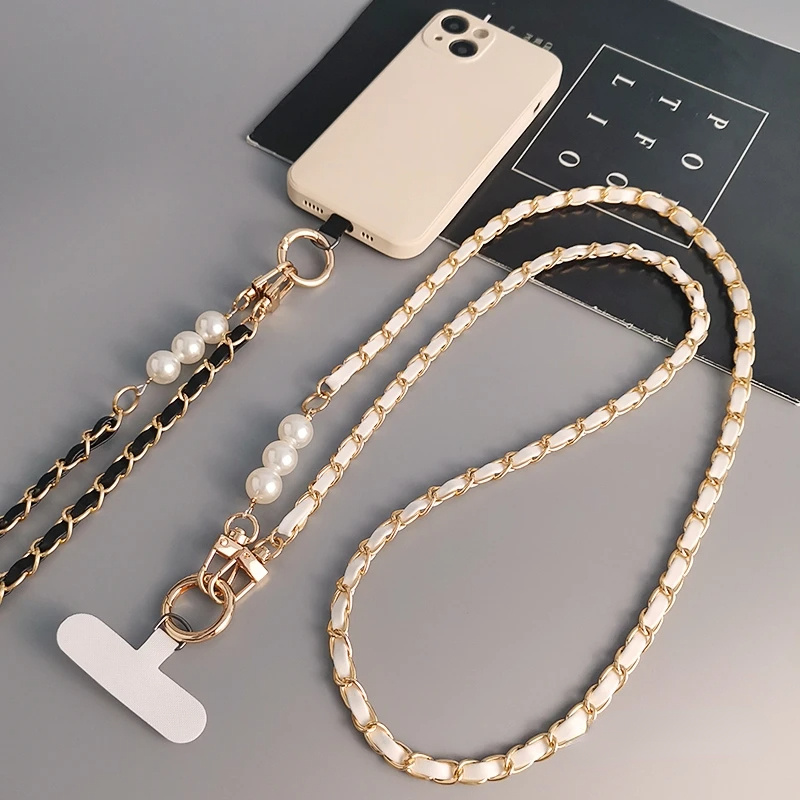 

Elegant Pearl Accent Pu Leather Phone Lanyard And Wrist Strap Set - Universal Crossbody Mobile Holder With Chic Chain Design