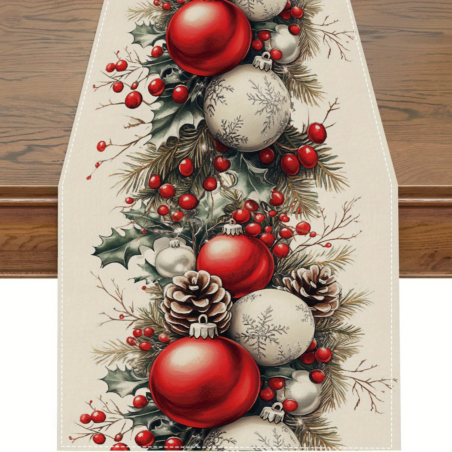 TEMU 1pc, Merry Christmas Table Runner, Christmas Ball Pattern Table Cover, Christmas Table Runner, Holiday Desktop Decoration Fabric Table Runner,