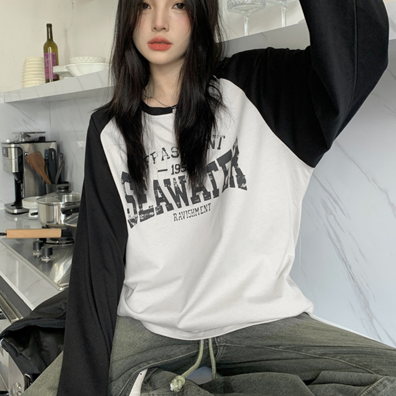 

Women's Casual Color Block Letter Print Long Sleeve T-shirt - Cotton, Non-stretch, Round Neck, Spring/fall Fashion