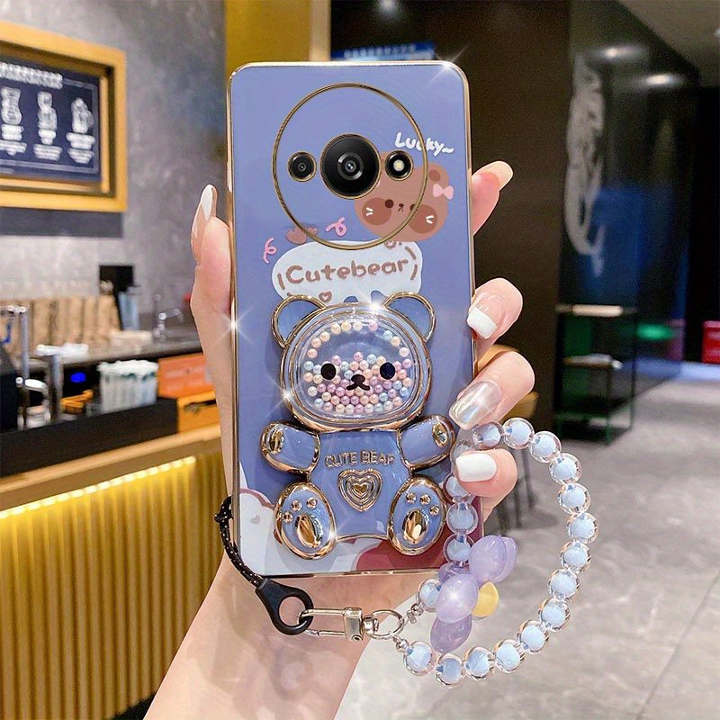 

A3 Cute Bear Holder Colorful Flower Bracelet Plating Phone Case For Xiaomi Redmi A3 Soft Cover