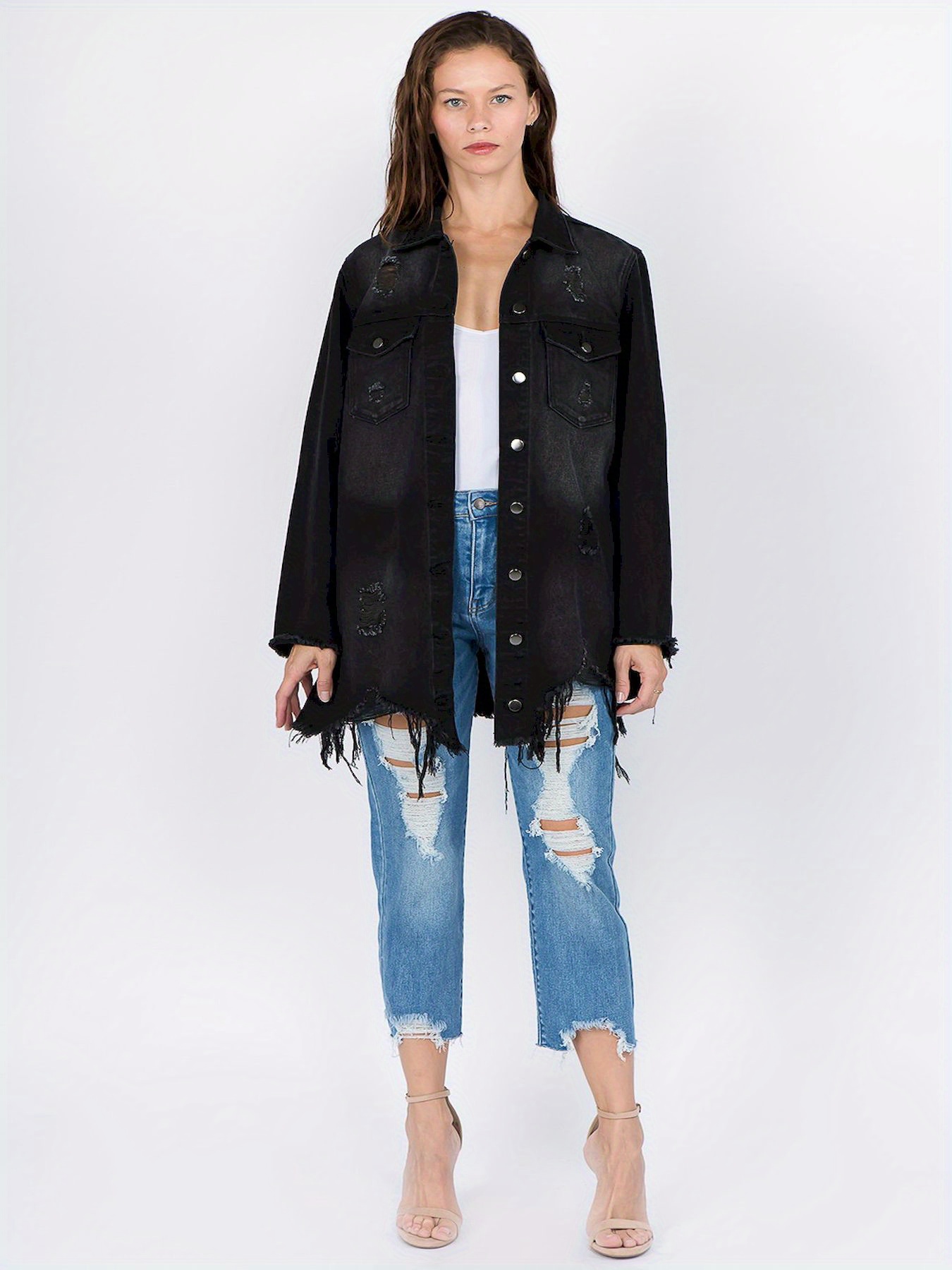 Guttear Women's Jean Jacket Long Sleeve Classic Distressed Fray Hem Tassels Denim Trucker Jackets