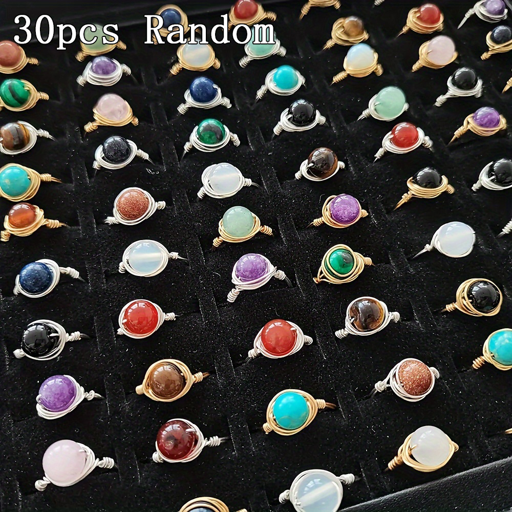 

30pcs Stone Rings For Women Finger Rings Copper Wire Wrapped Handmade Jewelry Ring, Men Opal Malachite Assorted Varieties Stone Ring Random Christmas Gift